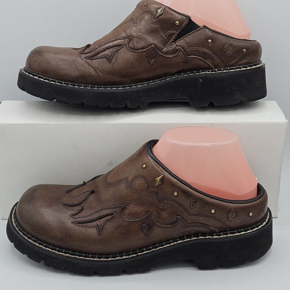 Vintage Y2K Roper Brown Leather Flame Clogs Size 8